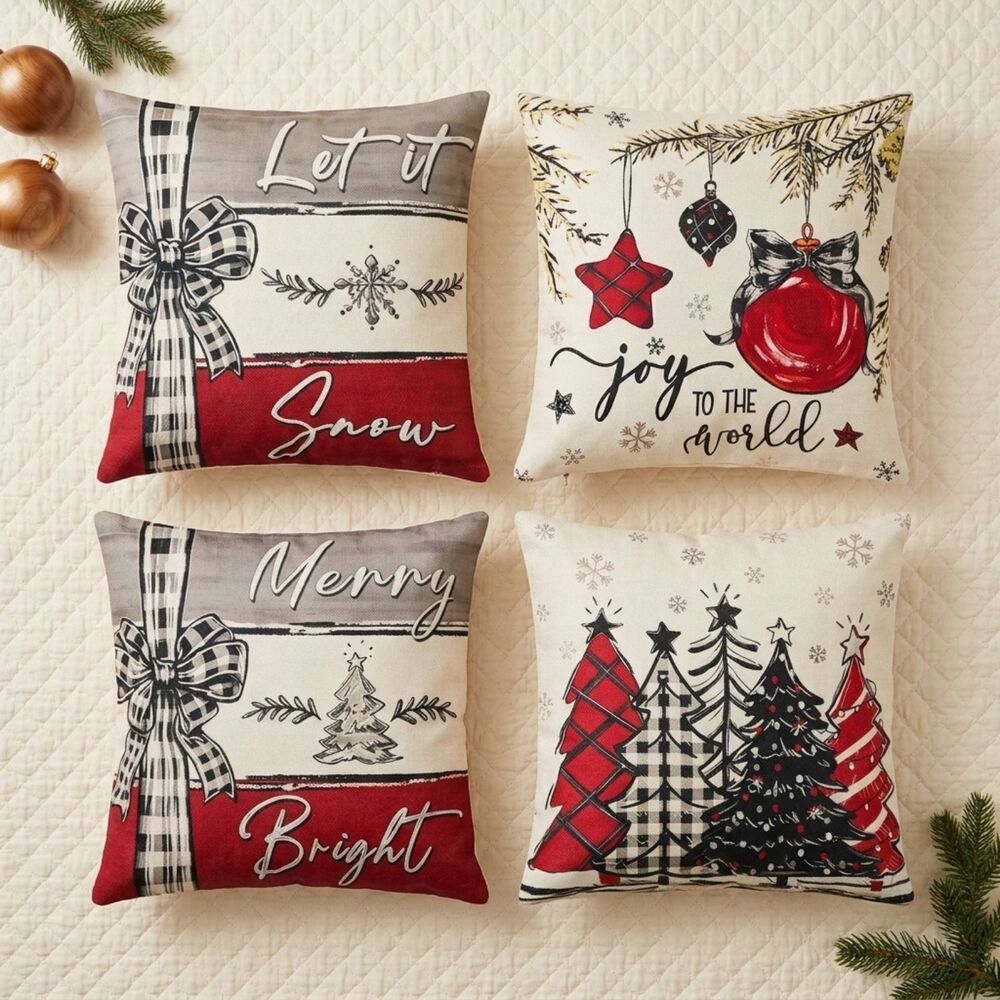 🎄 Christmas Pillow Covers Set 4 Rustic Farmhouse Buffalo Plaid 18x18